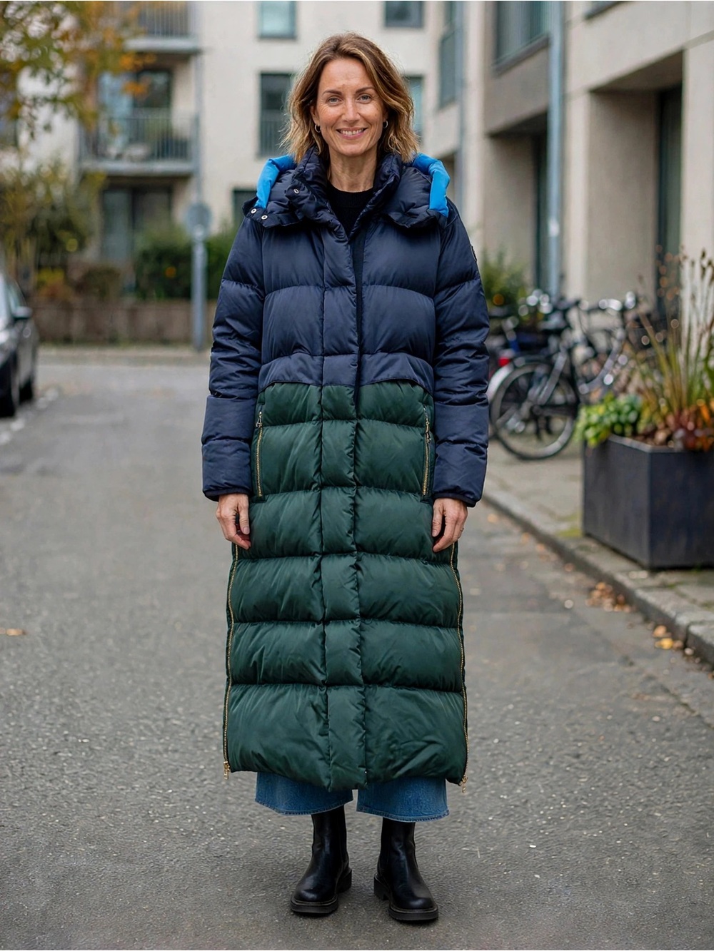 Long Puffer Coat in Navy and Forest Green - Women's